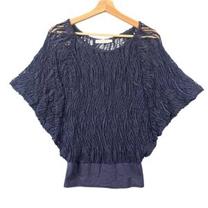 Anne Fontaine Paris Navy Blue Lace Batwing Blouse Banded Waist Top Size 38